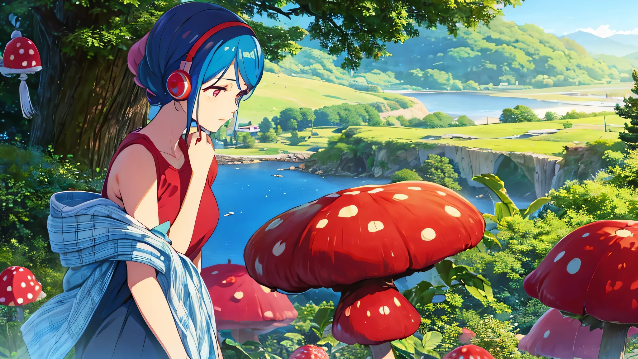 blue haired young woman with headphones, holding a red mushroom with white spots , com olhar triste