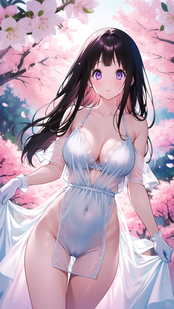 Amazing Chitanda, There is only one beautiful girl,Purple Eyes, Black Hair, Very red face,Very white skin,Glowing skin,Skin as delicate as porcelain,Naturally straight hair, Straight bangs,Extremely refined,Open lips,Long flowing hair,Beautiful Girl, Like a dream,Slim,Slim waist,Soft, (Sensual), (Kawaii), Dream quality,Beautiful ,Sheer loose dress,Areola,Comp naked,Lower edge east,White gloves,Flecoration,Deep V neckline,Loose neckline,White lace-up,Wide neckline,Walking in school,Place your hands on your inner thighs,Thighs clamp hands,Wet skin,Sweaty and sweaty,Sweating all over,it is raining,Next to the cherry blossom trees,Back to,Lean over,Hips,Side body,Gluteal groove,Completely naked的臀部,Bare back,Completeled的背部,Light transmission,(no p,nopan,pussy juice,Bare shoulders,There are nulder straps,Bare neck,Exposed collarbone,Exposing breasts,Exposing breasts侧面,Exposing breasts your waist,Show ttocks,Show your thposing the groin,(No pants),extremeltra-high resolution, (masterpiece:1.2, best quality), (Delicate and beautiful eyes: 1.2), (Beautiful and delicate face)