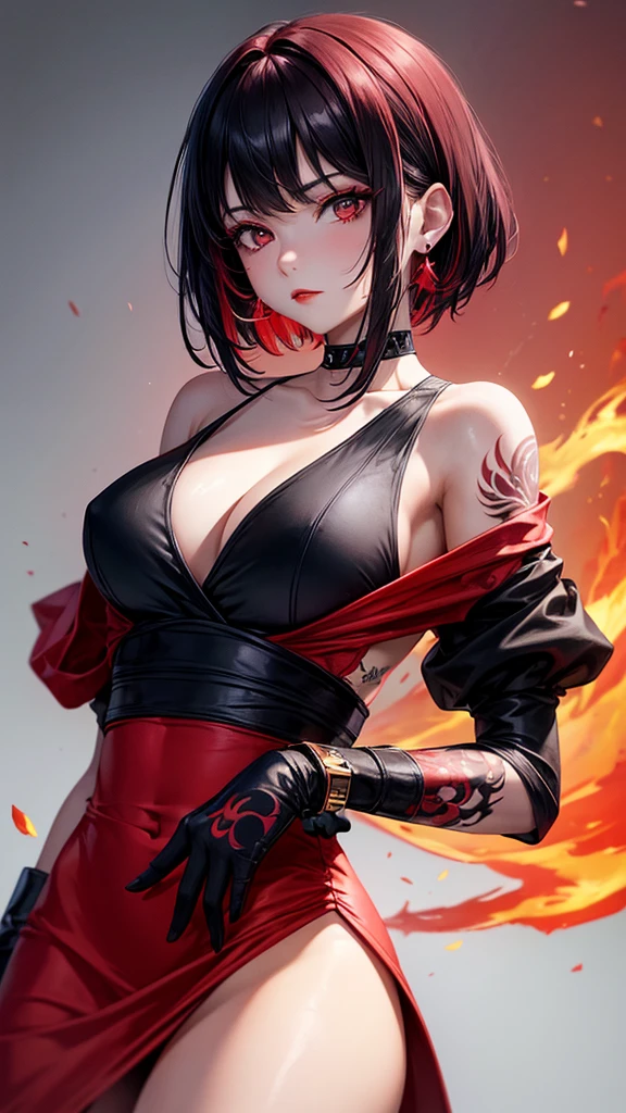 1girl, solo, breasts, looking at viewer, short hair, bangs, black hair, red eyes, jewelry, closed mouth, upper body, red hair, multicolored hair, earrings, sideways, gradient, looking to the side, gradient background, tattoo, black dress, sleeves, makeup, bright, fire, mailbox, red background, dragon, tattoo on arm, red theme Red lips,