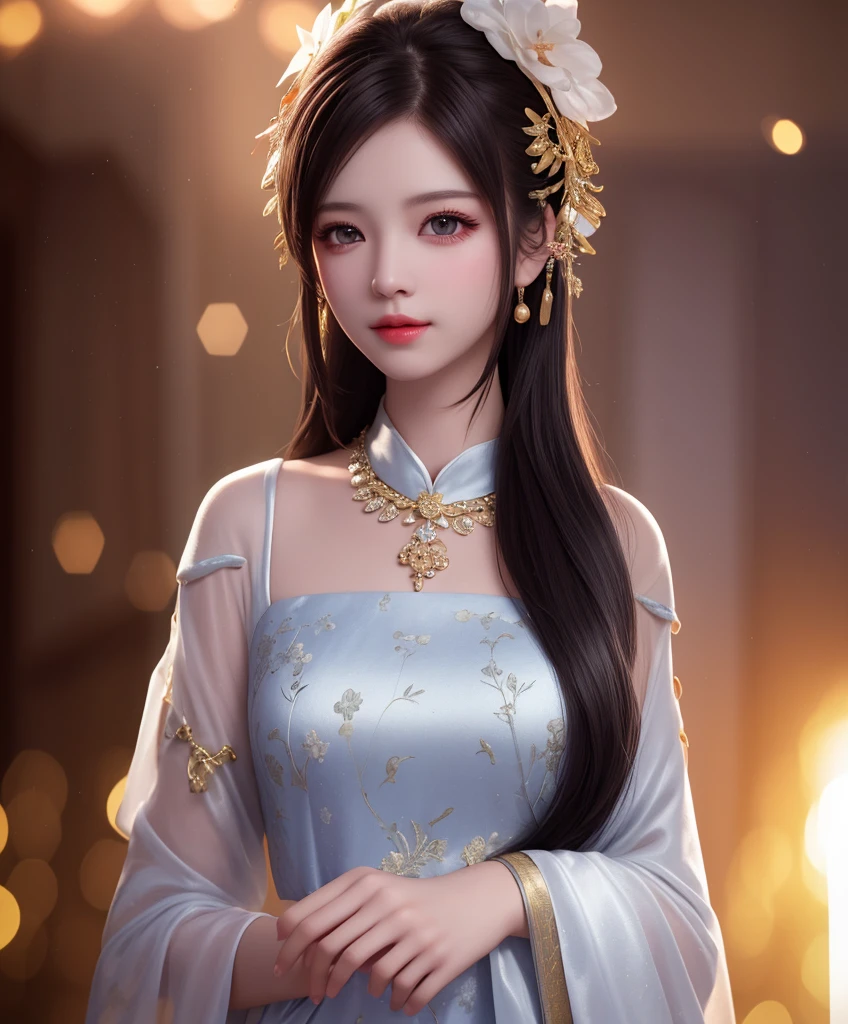 最high quality, masterpiece, High resolution, One girl,China dress,hair ornaments,necklace, jewelry,Beautiful Face,On top of that_body, Tyndall effect,Realistic, Dark studio, Rim Light, Two-tone lighting,(Skin with attention to detail:1.2), 8K Ultra HD, Digital SLR, Soft lighting, high quality, Volumetric lighting, Frank, photograph, High resolution, 4K, 8K, Bokeh,