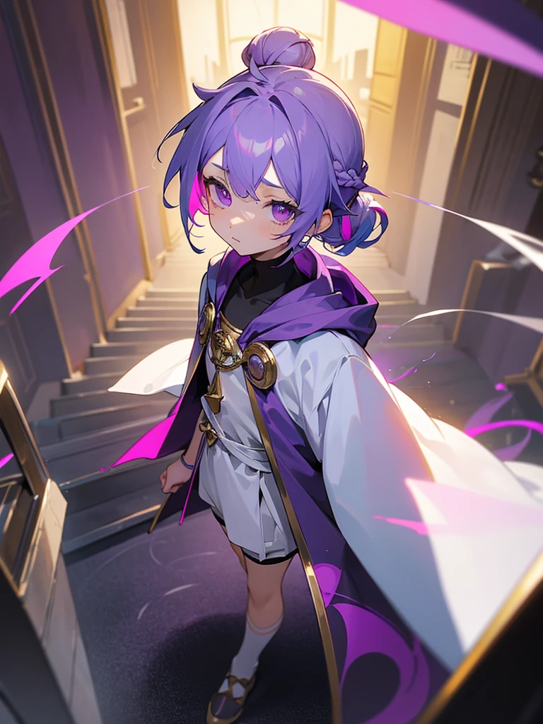Vocaloid、multicolored hair、Pastel colors、dome、cute little、Background music, boy, thoughtful look, open forehead, black and purple hair braided into a ponytail on the left side in a bun. small curly black horns wrapped in white ribbon, pale violet eyes, short dark purple shorts. Long white t-shirt. dark purple knee socks. dark purple hooded robe, with a pattern of gold circles and a white robe on the inside. dark corridor with stairs, rays of light fall from above