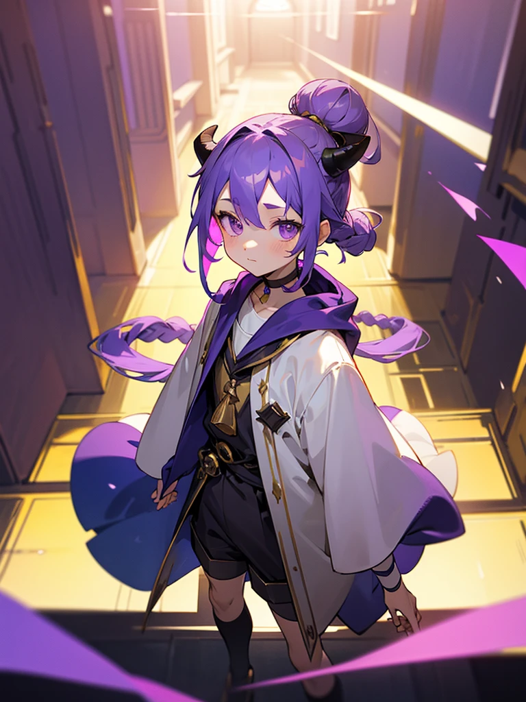 Vocaloid、multicolored hair、Pastel colors、dome、cute little、Background music, boy, thoughtful look, open forehead, black and purple hair braided into a ponytail on the left side in a bun. small curly black horns wrapped in white ribbon, pale violet eyes, short dark purple shorts. Long white t-shirt. dark purple knee socks. dark purple hooded robe, with a pattern of gold circles and a white robe on the inside. dark corridor with stairs, rays of light fall from above