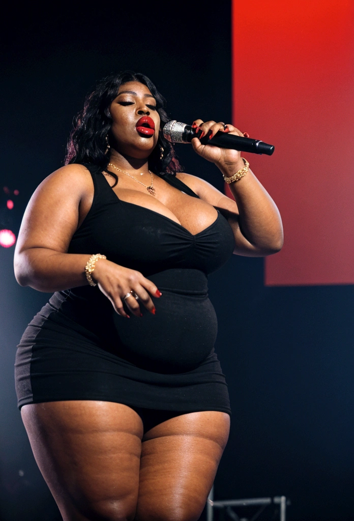 Busty 250 pound obese  ((black female rapper on stage with a man Deejay:1.3)).  She has (( unreal, oversize, large saggy tits showing massive gross cleavage:1.2)) and holding a (microphone on a stand:1.1). ((she is wearing makeup, dark red lipstick, a cross pendant, and a slutty and revealing red dress)), ((her mouth is closed:1.1))