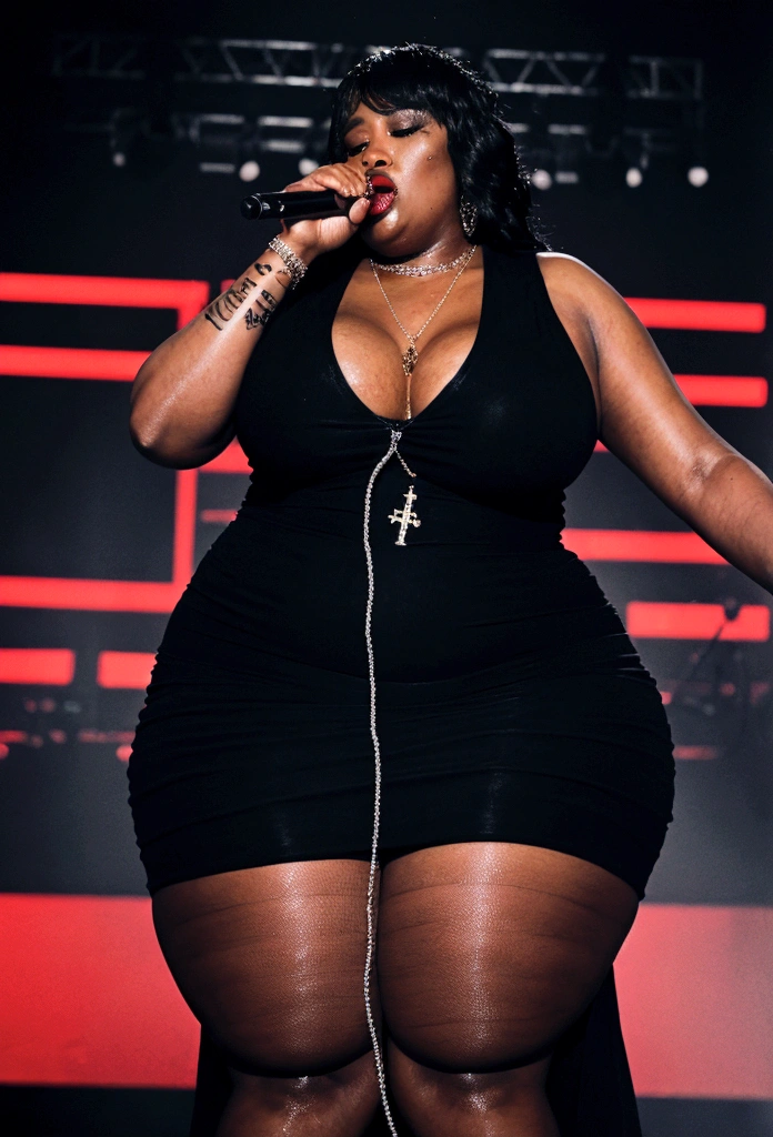 Busty 250 pound obese ((black female rapper on stage with a man Deejay:1.3)). She has (( unreal, oversize, large saggy tits showing massive gross cleavage:1.2)) and holding a (microphone on a stand:1.1). ((she is wearing makeup, dark red lipstick, a cross pendant, and a slutty and revealing red dress)), ((her mouth is closed:1.1))