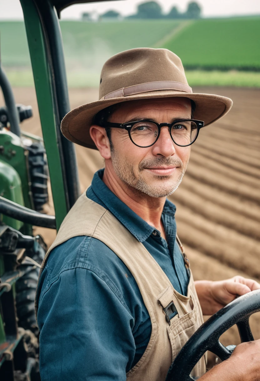 (Wearing Glasses, close up face), The farmer is in the field, wearing a wide brimmed hat and dust proof glasses, operating agricultural machinery. The gaze under the glasses is full of deep affection for the land and awe for nature. The background is vast fields and agricultural machinery, full body, (Photography), panoramic view, award-winning, cinematic still, emotional, vignette, dynamic, vivid, (masterpiece, best quality, Professional, perfect composition, very aesthetic, absurdres, ultra-detailed, intricate details:1.3)