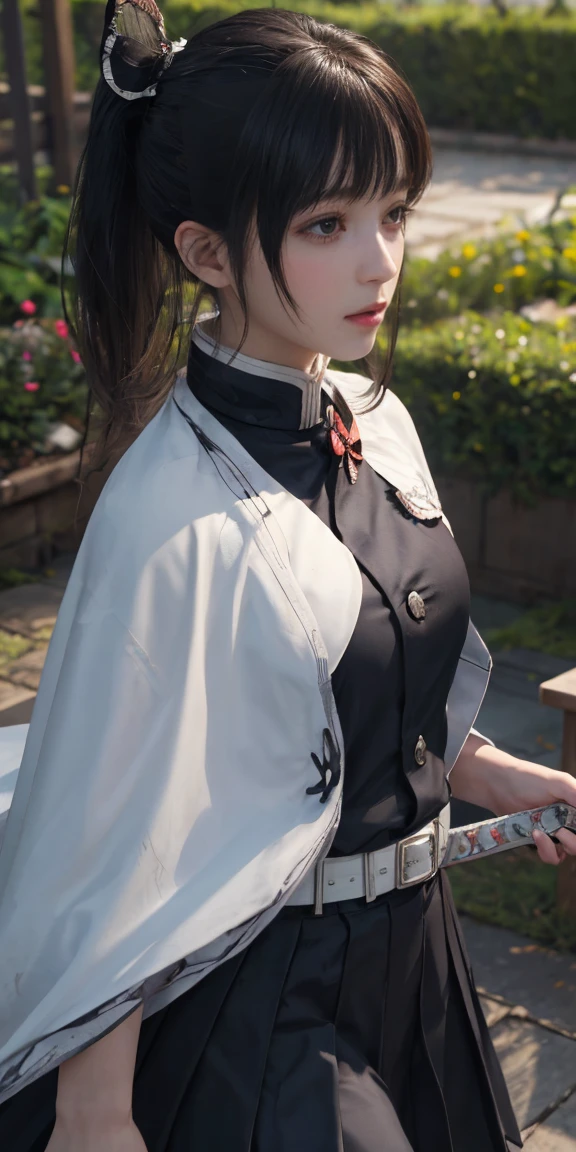 Ultra-realistic 8K CG,masterpiece,((Highly detailed background, Delicate pattern, Intricate details)),最high quality,very detailed 顔,Highly detailed eyesと顔,非常に細かい目Ultra-realistic 8K CG, masterpiece, close, beauty, from the front, 顔 sticking out, (Highly detailed background, Delicate pattern, Intricate details)), high quality, highly detailed 顔, Highly detailed eyes and 顔, Highly detailed eyes, One Girl, Kanao Tsuyuri, (((Buns pats))),(((Side Ponytail))),(( Demon Slayer uniform:1.4)), Butterfly Hair Ornament,,( white belt), (Cape, white Cape),, (Black jacket), (Pleated skirt), belt, (Black Skirt), knees, buckle, sheath sword, belt buckle, (Black Shirt:1.0), sunlight, Tyndall effect, sword on waist,(garden:1.2),West Saver,Attractive posture, Great tit, close,Broad perspective,(Straight bangs:1.4), (Blunt bangs:1.4),
