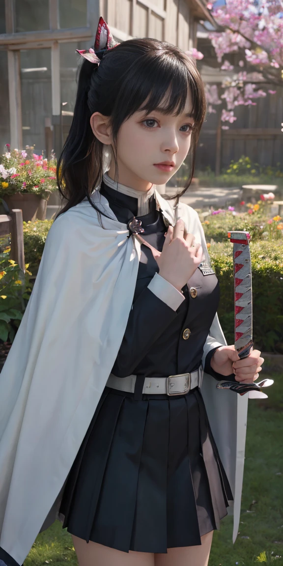 Ultra-realistic 8K CG,masterpiece,((Highly detailed background, Delicate pattern, Intricate details)),最high quality,very detailed 顔,Highly detailed eyesと顔,非常に細かい目Ultra-realistic 8K CG, masterpiece, close, beauty, from the front, 顔 sticking out, (Highly detailed background, Delicate pattern, Intricate details)), high quality, highly detailed 顔, Highly detailed eyes and 顔, Highly detailed eyes, One Girl, Kanao Tsuyuri, (((Buns pats))),(((Side Ponytail))),(( Demon Slayer uniform:1.4)), Butterfly Hair Ornament,,( white belt), (Cape, white Cape),, (Black jacket), (Pleated skirt), belt, (Black Skirt), knees, buckle, sheath sword, belt buckle, (Black Shirt:1.0),  sunlight, Tyndall effect, sword on waist,(garden:1.2),West Saver,Attractive posture, Great tit， close,Broad perspective,(Straight bangs：1.4), (Blunt bangs:1.4), 
