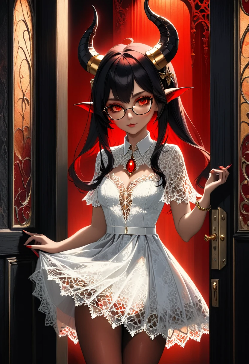 facial portrait, epic good looking succubus wearing a (white lace: 1.2) dress (intense details, Masterpiece, best details: 1.6), (wearing elegant stylish red rimmed glasses:1.1) (intricate details, Masterpiece, best details: 1.6), ultra detailed face (intense details, Masterpiece, best details: 1.5),standing in the door entrance, holding a red and gold ring (intense details, Masterpiece, best details: 1.6), black hair, long hair, red eyes, glowing eyes, small horns, red high heels, dim light, high details, best quality, 8k, [ultra detailed], masterpiece, best quality, (extremely detailed), ultra wide shot, photorealistic, gothic art, sense of darkness, sense of seduction, fiery magic symbols (intense details, Masterpiece, best details: 1.6),in the background, Dark Art Painting Style, dark, black and color