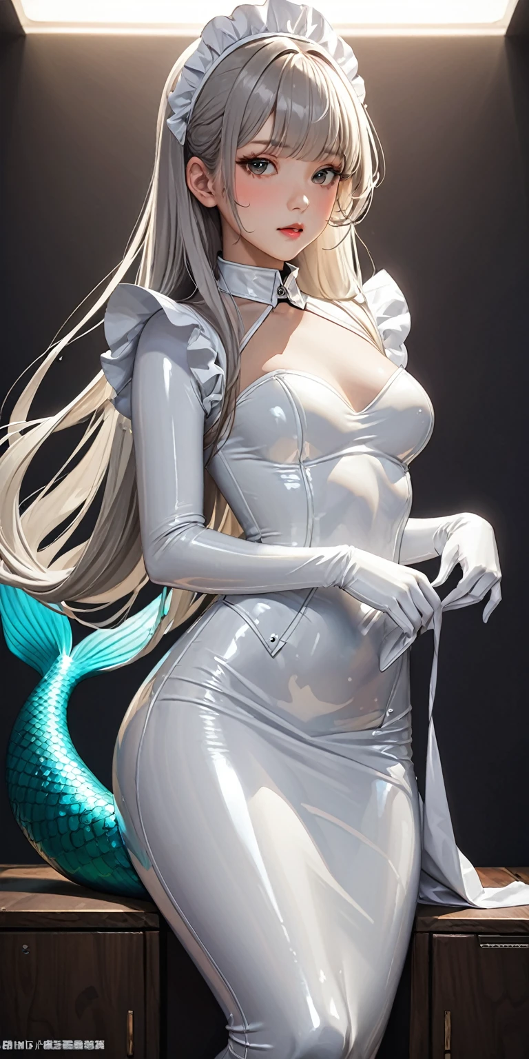 Portraiture、(masterpiece,Highest quality,Ultra-high resolution),Japanese women, (((Very beautiful 25 year old girl))),(White latex maid outfit)、(White latex long mermaid type skirt)、(A long-sleeved latex shirt that covers the upper body)、White latex gloves、White latex socks、White latex bodysuit、Frills、The clothes fit snugly to the body、Latex is very shiny、Dark Room、