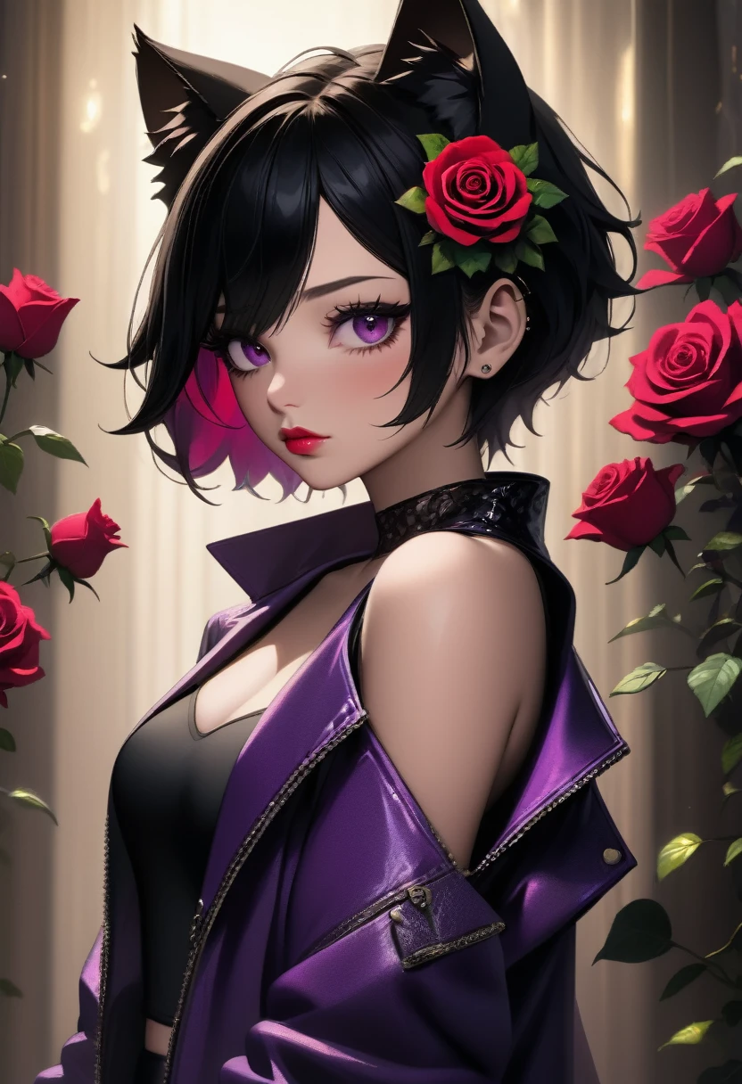 1 boy, black short hair, black cat ears, purple jacket, open jacket, exposing shoulders, red rose tattoos, tattoos covering the arms, beautiful detailed eyes, beautiful detailed lips, extremely detailed eyes and face, long eyelashes, (best quality,4k,8k,highres,masterpiece:1.2),ultra-detailed,(realistic,photorealistic,photo-realistic:1.37),digital painting, hyperrealistic, detailed background, dramatic lighting, moody atmosphere, cinematic composition, vibrant colors