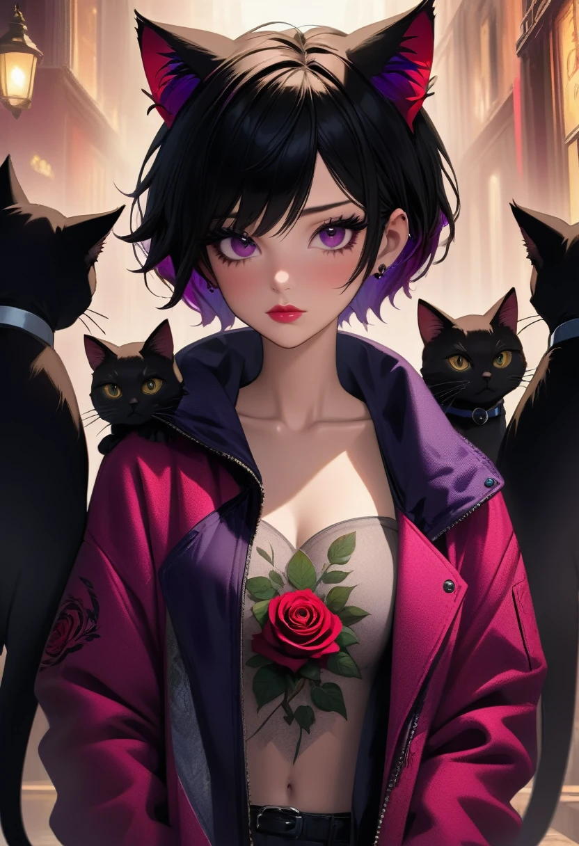 1 boy, black short hair, black cat ears, purple jacket, open jacket, exposing shoulders, red rose tattoos, tattoos covering the arms, beautiful detailed eyes, beautiful detailed lips, extremely detailed eyes and face, long eyelashes, (best quality,4k,8k,highres,masterpiece:1.2),ultra-detailed,(realistic,photorealistic,photo-realistic:1.37),digital painting, hyperrealistic, detailed background, dramatic lighting, moody atmosphere, cinematic composition, vibrant colors