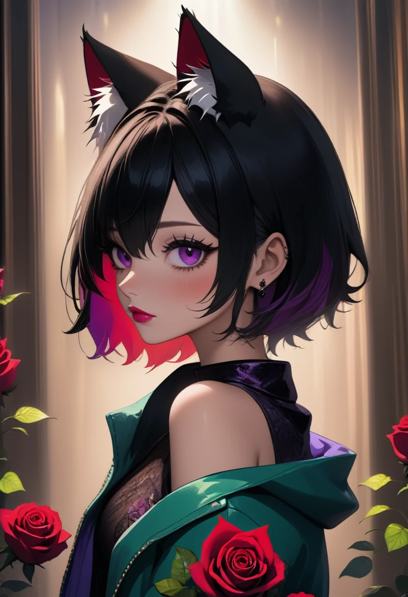 1 boy, black short hair, black cat ears, purple jacket, open jacket, exposing shoulders, red rose tattoos, tattoos covering the arms, beautiful detailed eyes, beautiful detailed lips, extremely detailed eyes and face, long eyelashes, (best quality,4k,8k,highres,masterpiece:1.2),ultra-detailed,(realistic,photorealistic,photo-realistic:1.37),digital painting, hyperrealistic, detailed background, dramatic lighting, moody atmosphere, cinematic composition, vibrant colors