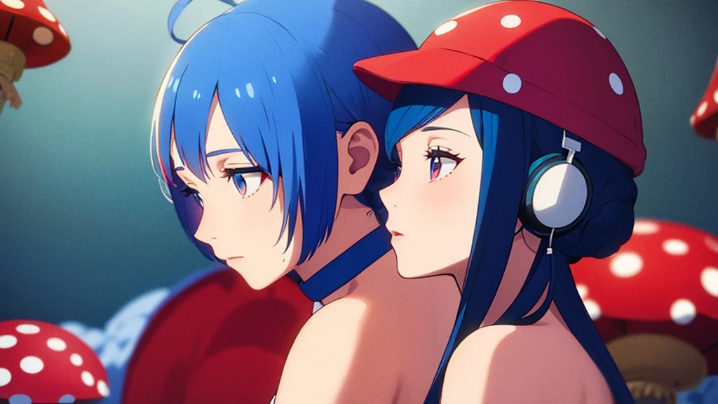 blue haired young woman with headphones kissing a red mushroom with white spots , com olhar triste
