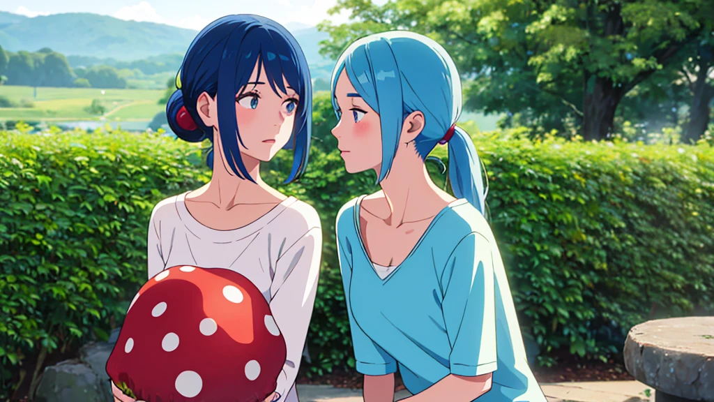 blue haired young woman with headphones kissing a red mushroom with white spots , com olhar triste