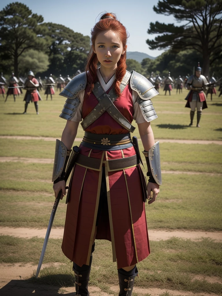 battle scene, amazonianfights, in the middle of a battle, wide grassy plain, on a battlefield,bloody battle action, in the middle of a battle, bloody scenery, female fully armed samurai warrior stands on a bloody battlefield, dead and fallen female warriors lie on the ground,, complete armor with samurai sword, scene on battlefied, outdoor battle field,, Woman wearing a samurai armor with full upper body and an anatomically correct body, a 16-year-old wears samurai armor, wunderschöne Red-Hairede junge Frau , ponytail, beautiful detaileld face, perfect face, perfect body, perfect anatomy, Red-Haired (Christa Theret: 1.3), ( Alexia Fast: 1.3),,Highly detailed youthful face, proporções perfeitas, ((red hair)), pony tail, curly hair, very detailed, determined face, curly short hair, 16K, HDR, broad light, high contrast, keen focus, RAW color photo, highly detailed Samurai armour, ready for war, standing o the battlefield