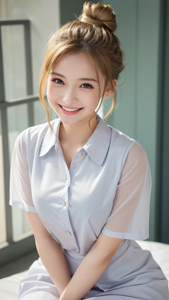 Top quality, Photo Real, High resolution, Detailed Background, (((Beautiful skin in every detail))), Detailed nose, (((Without makeup1.20))),((Clear and beautiful skin with transparency1.15)),Soft lighting, (Solo Shot:1.9),(((Thick fabric nurse uniform1.10))),(((She is wearing a clothes which is completely buttoned1.20))),(tight clothing1.8),Nurse cap,(Neat clothes with little exposure1.5),(((Very soft-looking thighs1.20))),Short skirt,Close-up shot, (Shooting above the knee),Nice hands, Perfect hands, Clear Eyes,Pale skin,1 beautiful woman, (Japanese girl1.15),(((Around 14 years old1.20))),(Permed hair1.8),(((Bun hair1.8))),(She has beautiful and cute blonde hair like an anime character),(Hair buns),(Soft-looking chest),(A very large and well-shaped chesthidden under clothes),(((Cute lips1.20))),(((Great style1.15))), (Open-mouthed and smiling very happily1.10),(She is laughing heartily with her mouth wide open, and she looks so cute1.20),Beautiful eyes,Looking up with eyes,Staring at me,staring directly,smile towards,(She is looking straight at me from the front1.15),((Accurate structure of the limbs1.20)),(((She is working at a cutting edge and stylish hospital1.20))),