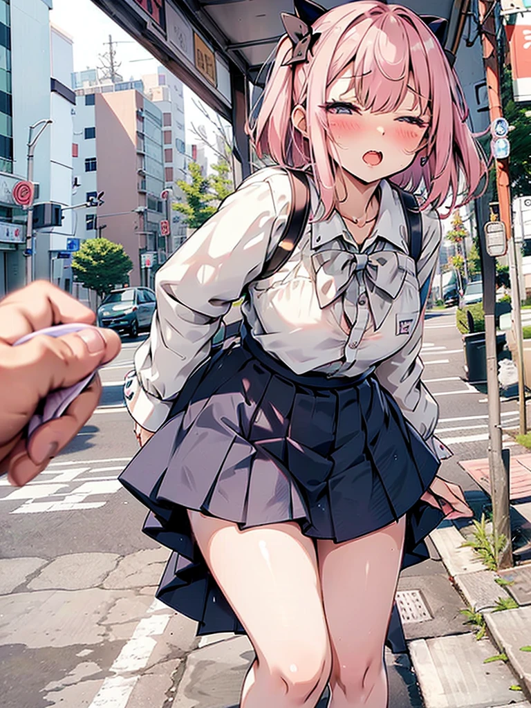 (pussy juice:1.5,ahegao, blush),Are standing, Navy pleated skirt, On the way to school, blush
