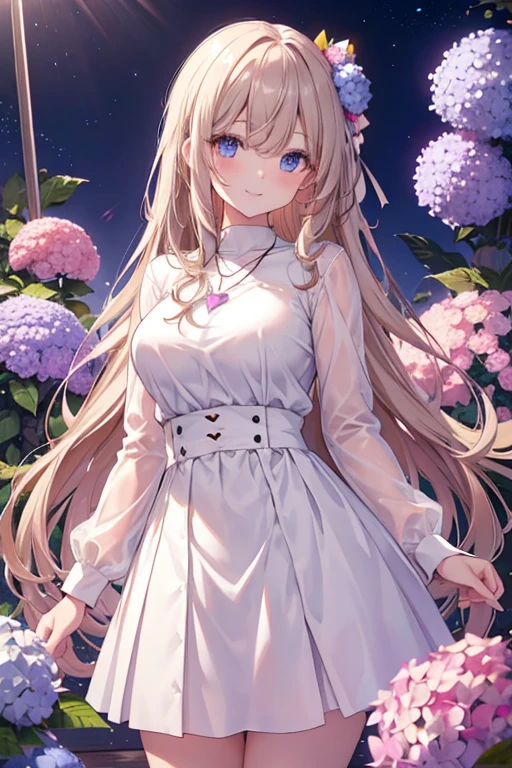 4K, June view, Beautiful woman, long white hair, Brown hair, ideal breasts, eBlue eyes, white shirt, hot skirt, neon red heart necklace, looking at the audience, night, colorful hydrangeas,smiled mischievously