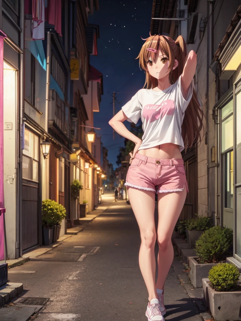 Girl, slim tight t-shirt, slim skirt, pink thong, navel shown, street background, openlegs, in Sneakers, night, Narrow alley between houses 