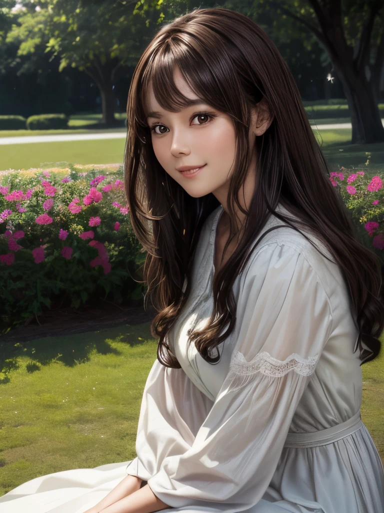 3d,masterpiece、The  is a beautiful girl,(((alone)))、, Sitting on a tree in the park,Long dress women, (((Portrait Realism))), (Afro American Girl) (((Brown Hair))), (((Close-up of detailed facial features: 0.8)))、(((Mega Hair Hair))), free, profile image, Stand with confidence, She is the center of the garden, smile, List image, 8k Raw Photo:1.5、dream  