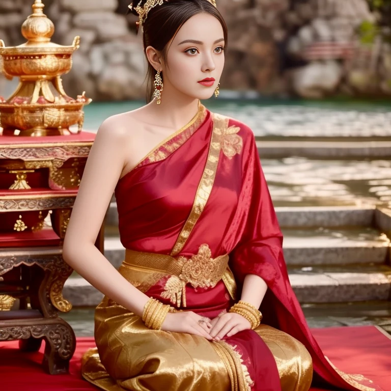 Aarav woman in a golden dress stands in front of a building., Sukhothai dress, Dilraba Dilmurat, traditional beauty, Wear elegant clothes, traditional this tradition, Wear luxurious clothes, this tradition, Traditional clothing, Thai girl anime, traditional outfit, According to Thawan Duchanee's style, Wear a luxurious silk dress, Thai art, Traditional clothing สาวเอเชียที่สวยงาม,stereoscopic 8k,45 high quality colored lights,000,000,000 pixels, photo, post-trade photo, animation, Beautiful, realistic portraits.