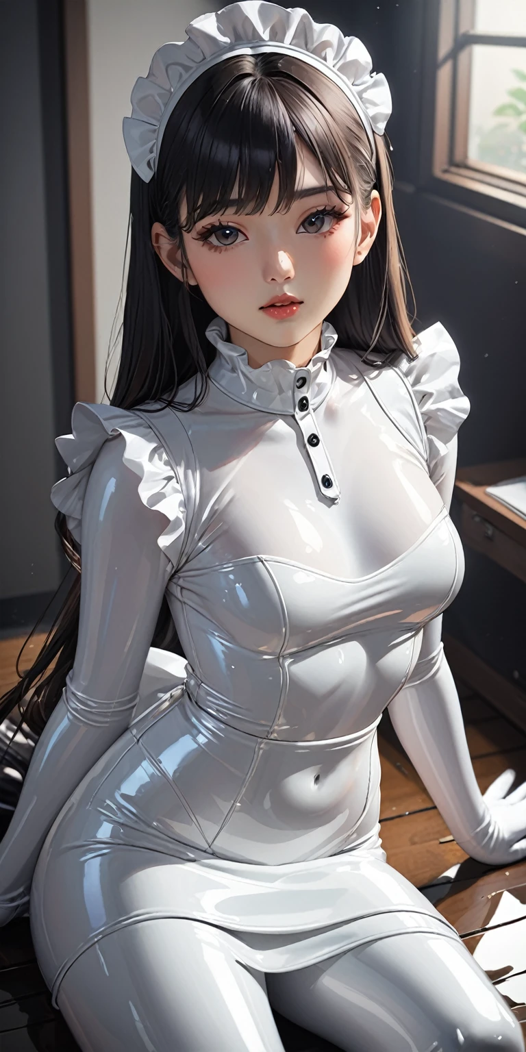 Portraiture、(masterpiece,Highest quality,Ultra-high resolution),Japanese women, (((Very beautiful 25 year old girl))),(White latex maid outfit)、(White latex long mermaid type skirt)、(A long-sleeved latex shirt that covers the upper body)、White latex gloves、White latex socks、White latex bodysuit、Frills、The clothes fit snugly to the body、Latex is very shiny、Dark Room、