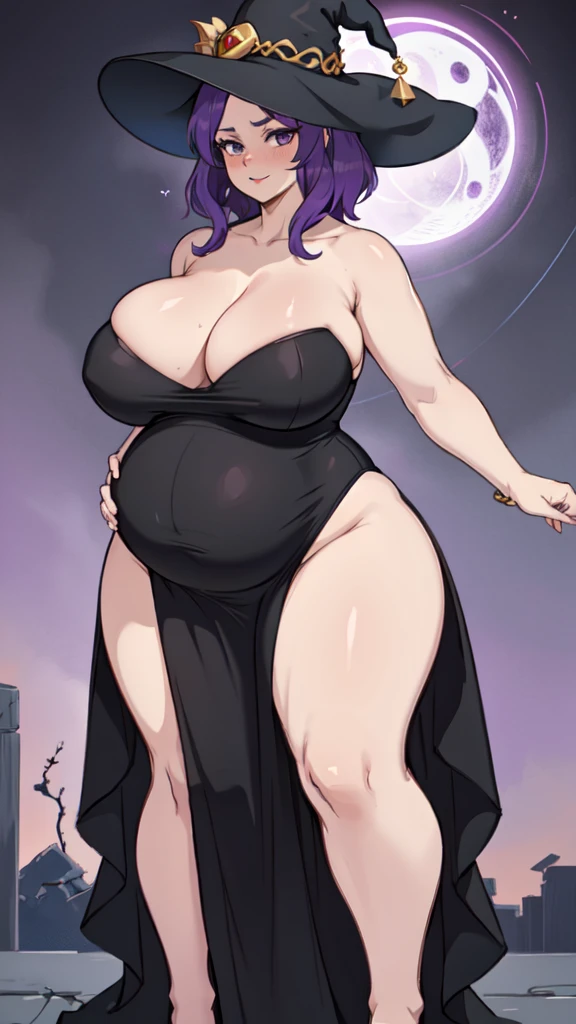 pregnant woman, older, in their 30s, with short purple hair and a tall, curvy body, vista sideways, sideways, breasts big, (work of art, best qualityer:1.2) wearing the legendary great black dress of the mystical sorceress, Big witch hat, breasts big gestante, clothes covering the whole body, detailed mysterious look 