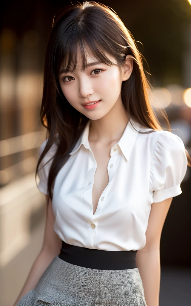 (Photo realistic:1.4), (Surreal:1.4), (Smooth lighting:1.05), 1 Girl, Pure beauty, 22 years old, Soft lighting, Backlight, (Cheerfulness:1.2), (最high qualityのリアルテクスチャスキン), I narrowed my eyes., Very detailed face, Burning idol pose, Glowing Skin, retina, Anatomically correct, Acura, Very detailed, Textured skin, high quality, Attention to detail, 最high quality, High resolution, bangs, White silk blouse、sexy、Black Mini Skirt、Mouth slightly open