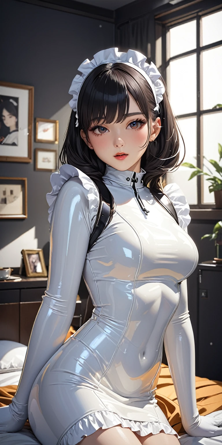 Portraiture、(masterpiece,Highest quality,Ultra-high resolution),Japanese women, (((Very beautiful 25 year old girl))),(White latex maid outfit)、(White latex long tight skirt)、(A long-sleeved latex shirt that covers the upper body)、White latex gloves、White latex socks、White latex bodysuit、Frills、The clothes fit snugly to the body、Latex is very shiny、Dark Room、