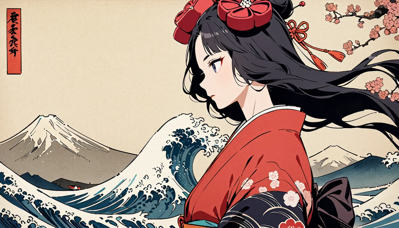 Highest quality, Katsushika Hokusai,Wave, Splash, cherry blossoms, Fuji Mountain, Ink Painting,(((looking away))),(((from side))),20-year-old, (((Long Hair))), (((fancy red kimono)))Japan, Edo Period, (((Black Hair))), Modern anime, Delicate and precise, Modern ukiyo-e style