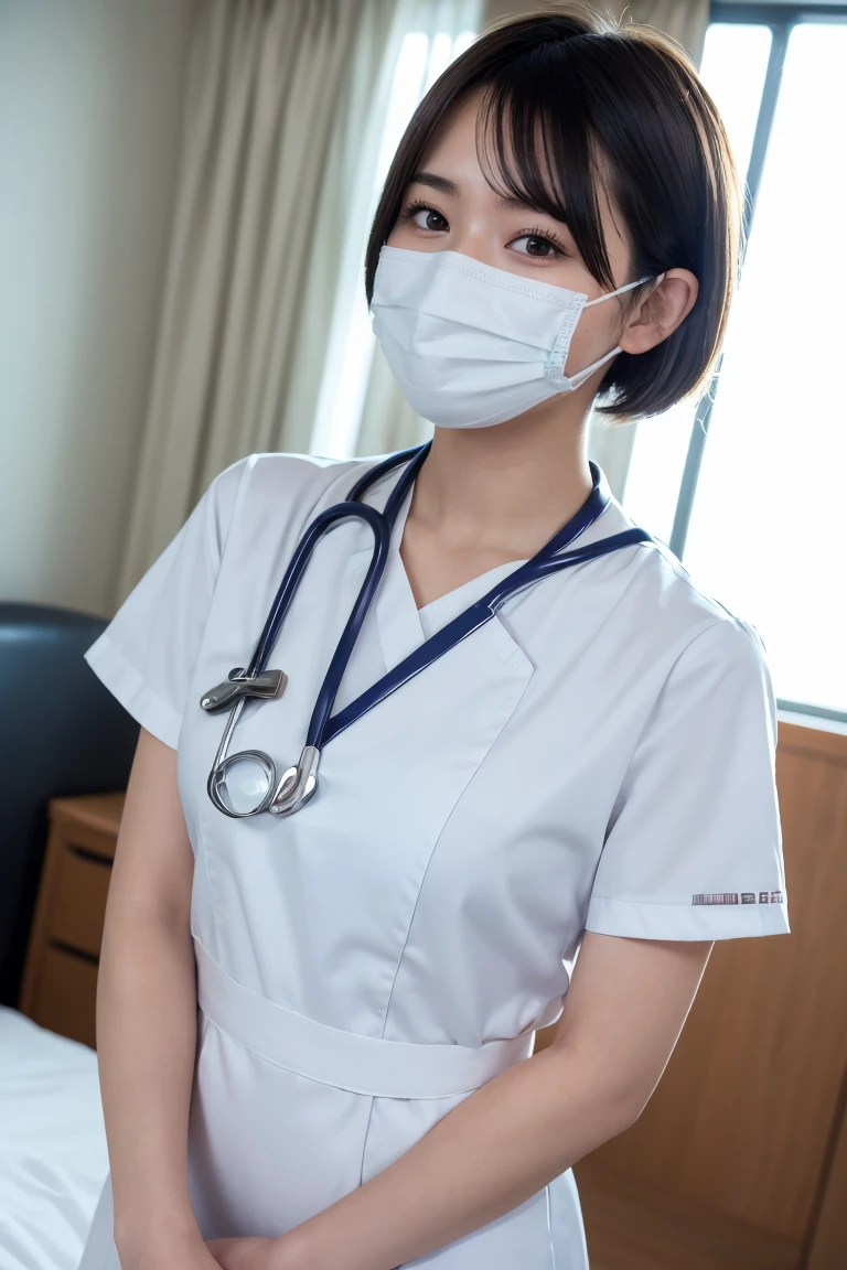 1 Girl,(Wearing white nurse clothes:1.2),(RAW Photos, Highest quality), (Realistic, photo-Realistic:1.4), masterpiece, Very delicate and beautiful, Very detailed, 2k wallpaper, wonderful, finely, Very detailed CG unity 8k wallpaper, Very detailedな, High resolution, Soft Light, Beautiful detailed girl, Very detailed eyes and face, Beautiful and detailed nose, finely beautiful eyes, nurse, Perfect Anatomy, Black Hair, Upstyle, nurse uniform, ((mask)), Long skirt, nurse, White costume, thin, hospital, clear, White Uniform, hospital room, Neck auscultation,Bobcut、Flip up the skirt、20th Generation