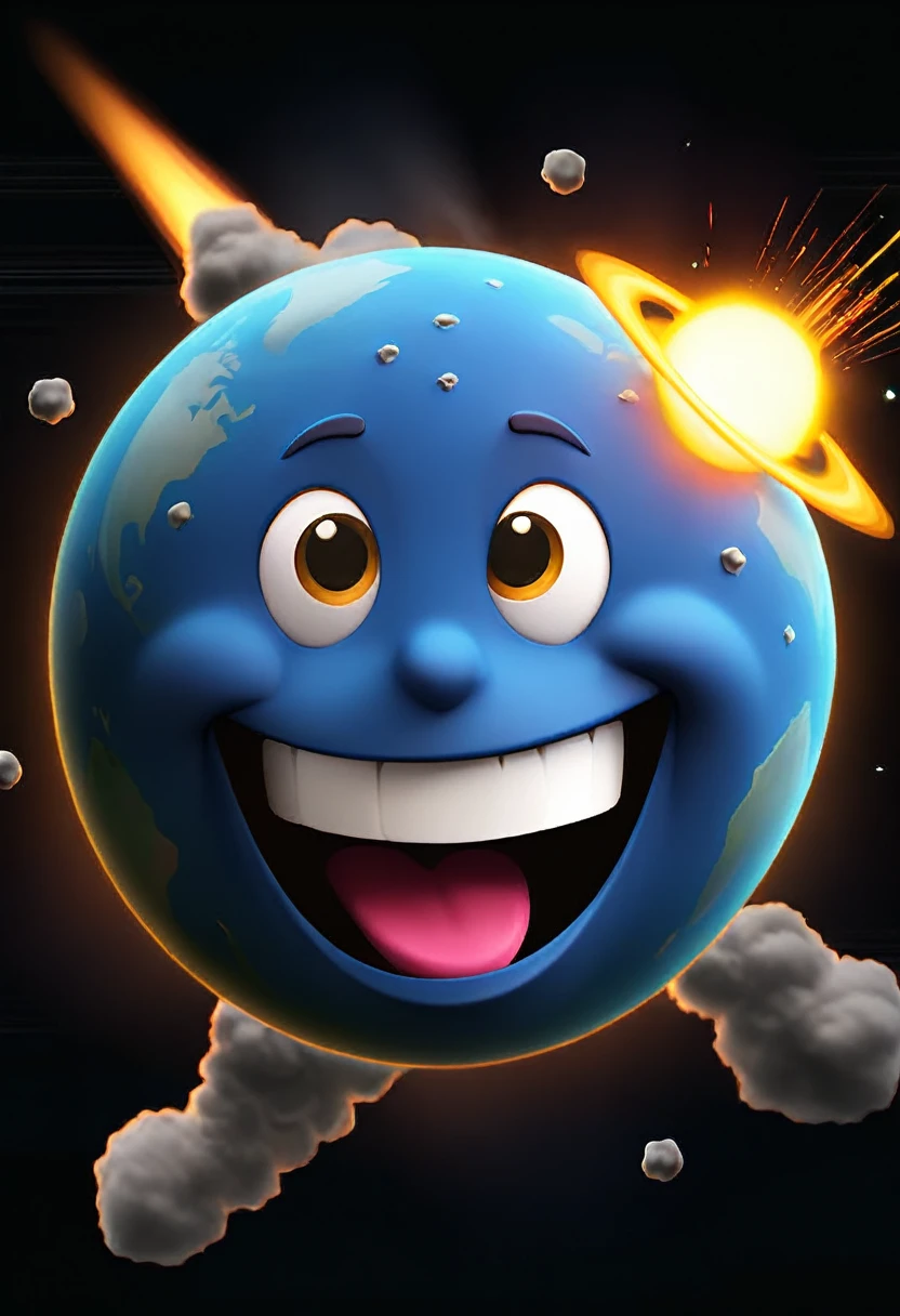 smiley emoji wearing glasses, asteroid hitting erupting earth, on dark background 