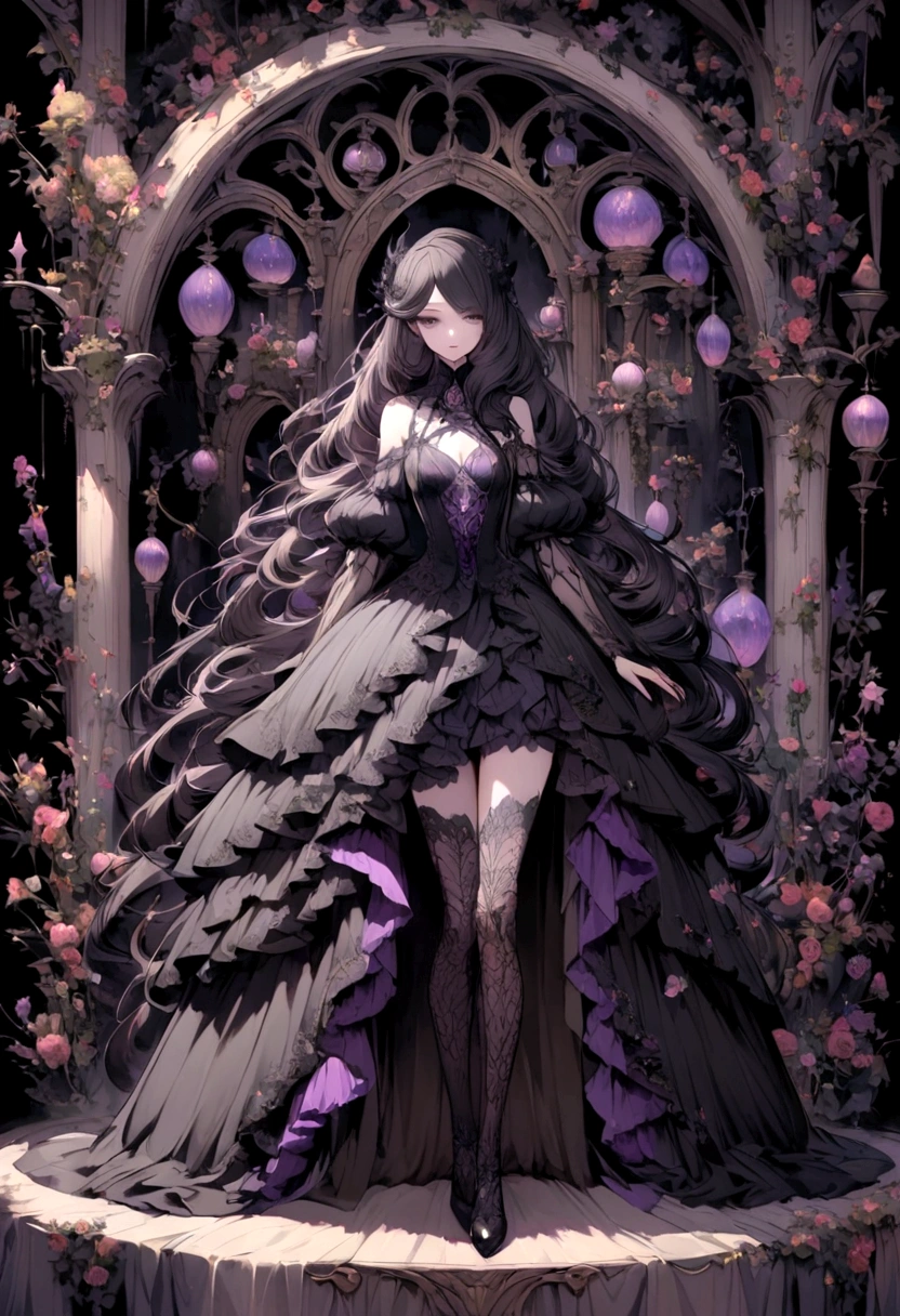 a gothic beauty with long dark hair and bangs no background full body front view