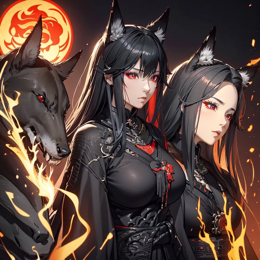 A beautiful mature woman with long black Kitsune ears, red eyes, highly detailed face and eyes, big breasts, several black Kitsune tails, wearing red and black Shogun armor with a wide waist, 8k, photorealistic, high quality, masterpiece, ultra-detaile, vivid colors, cinematic lighting