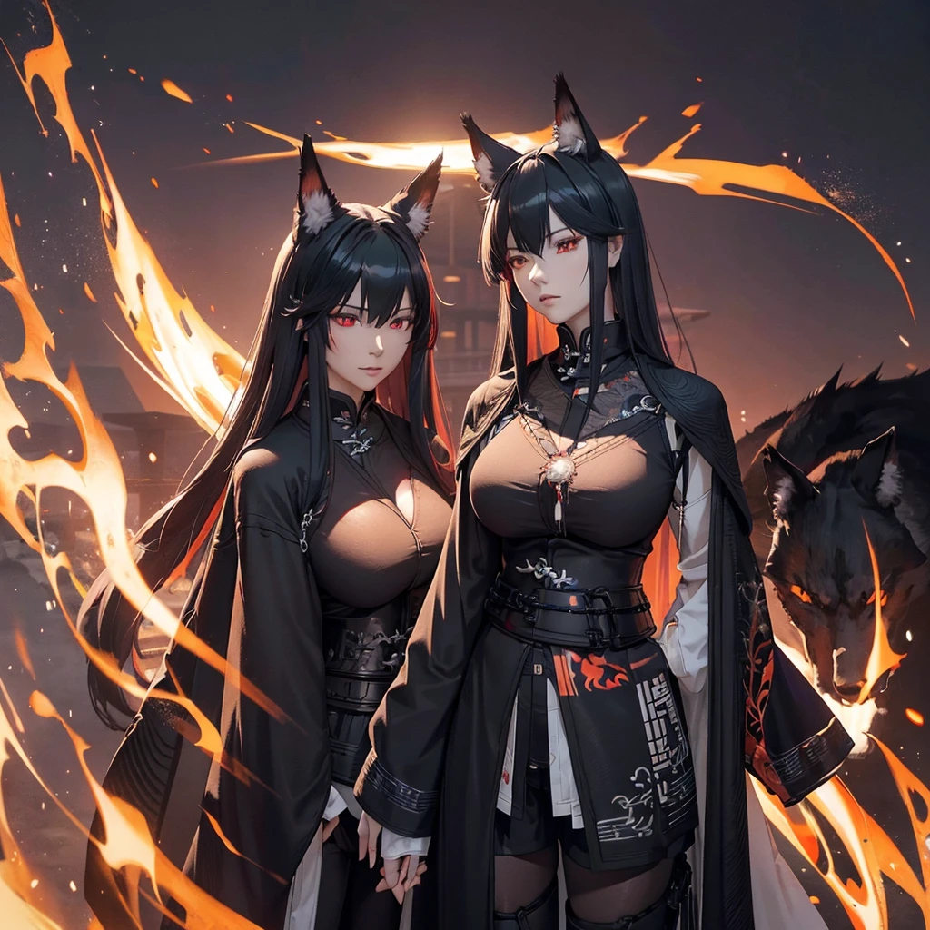 A beautiful mature woman with long black Kitsune ears, red eyes, highly detailed face and eyes, big breasts, several black Kitsune tails, wearing red and black Shogun armor with a wide waist, 8k, photorealistic, high quality, masterpiece, ultra-detaile, vivid colors, cinematic lighting