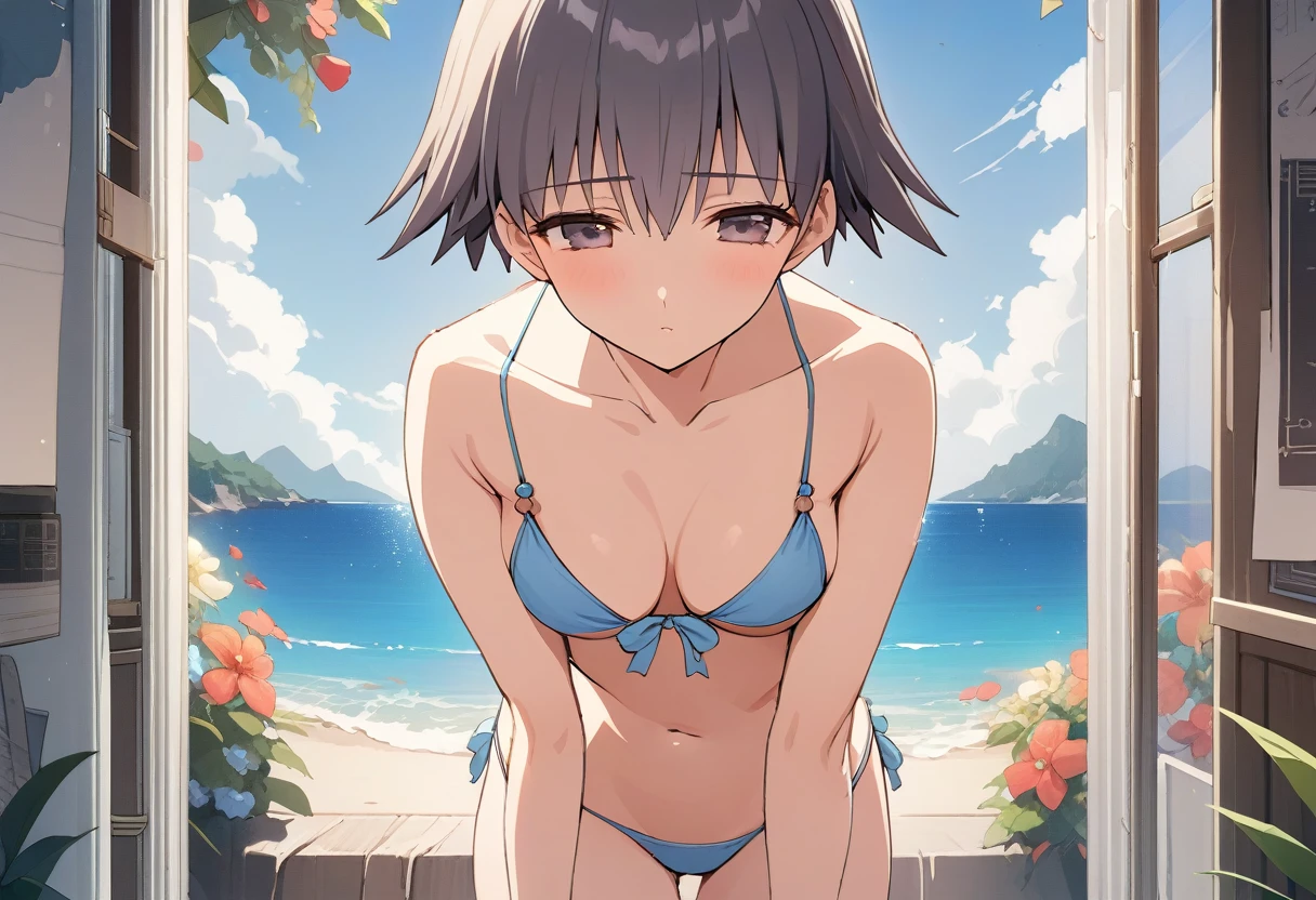 One girl,((Nozomi)),Gentle expression、Welcome、Ocean、blue sky、Are standing、slender body,ideal ratio body proportions,Sexy string bikini、Sexy pose,A complete depiction of the human body,masterpiece, Highest quality, Game CG, ultra detailed、highres、extremely detailed CG