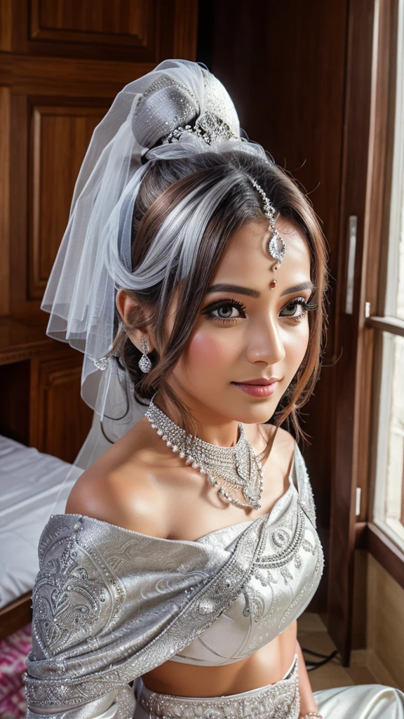 Create silver work light colour wedding style wedding lehanga unique design , ultra realistic, photo reality,