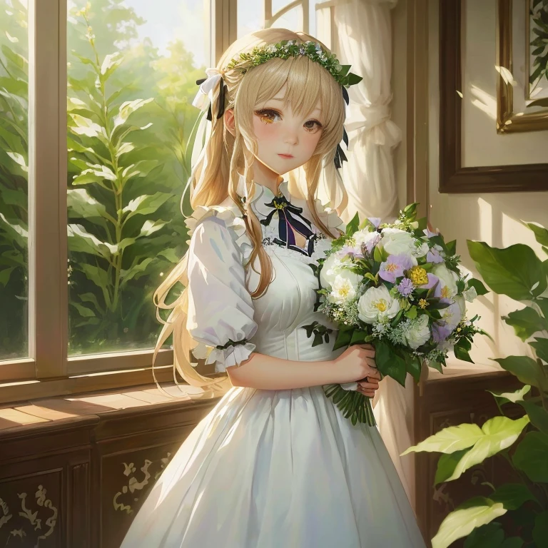 anime girl in a white dress holding a bouquet of flowers, portrait of lolita,  in dress, a maid in a magical forest, violet evergarden, rin, anime girl in a maid costume, cute anime waifu in a nice dress, painted in anime painter studio, maid dress, maid outfit, marin kitagawa fanart, lolish