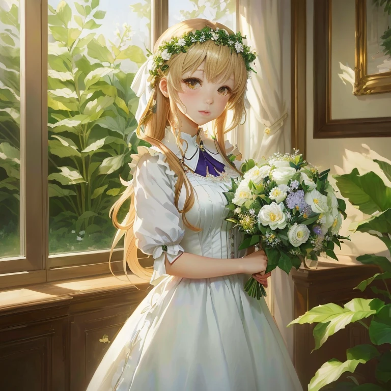 anime girl in a white dress holding a bouquet of flowers, portrait of ta, in dress, a maid in a magical forest, violet evergarden, rin, anime girl in a maid costume, cute anime waifu in a nice dress, painted in anime painter studio, maid dress, maid outfit, marin kitagawa fanart, loli