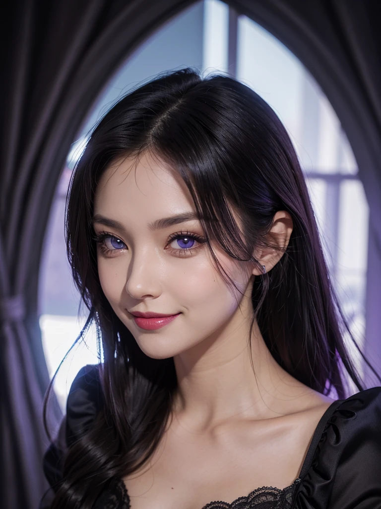 A very beautiful woman with violet eyes, an evil face and a mischievous smile,