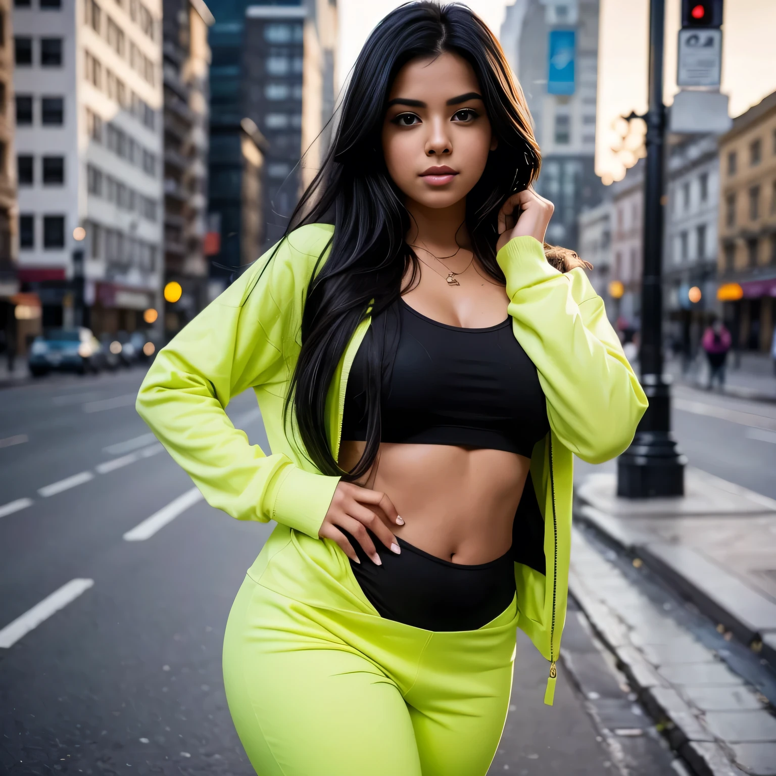 A photorealistic portrait of a 21-year-old Colombian girl with long, flowing black hair and striking dark eyes. It should have a curvy body, a natural and accessible expression and be lit by the soft golden light of the sun. She wears a neon yellow hoodie and black pants. The background is the City of London. Capture this image in high-resolution photography using an 85mm lens for a flattering perspective.