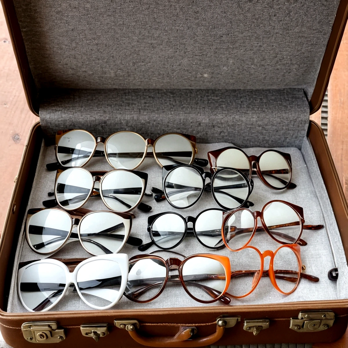Several white cat-eye glasses in an open suitcase