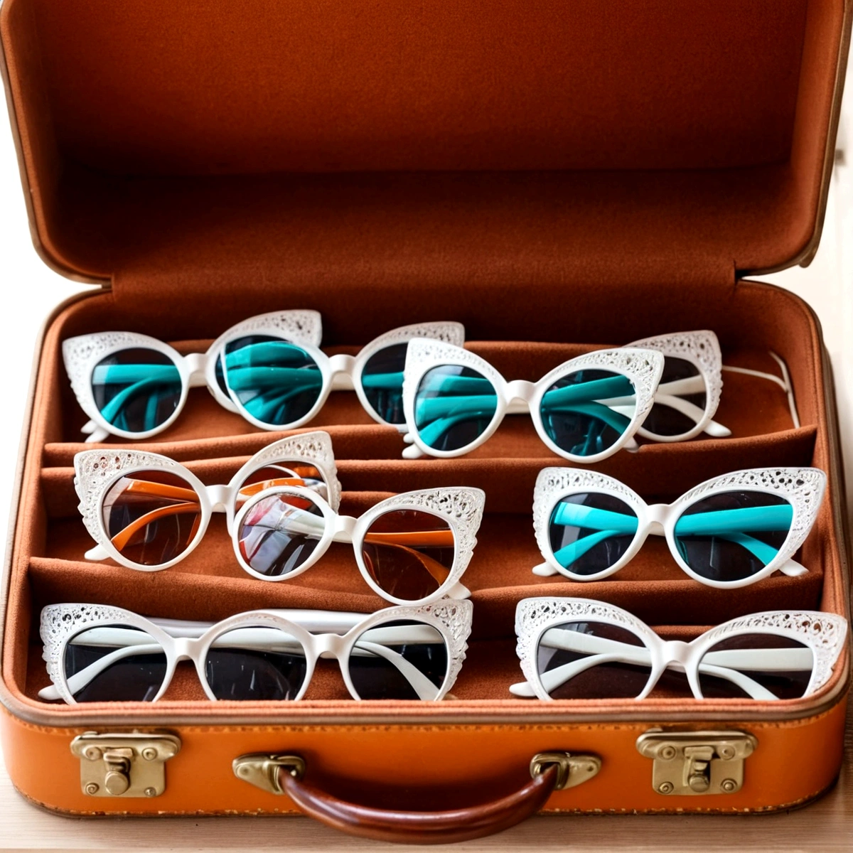 Several white cat-eye glasses in an open suitcase  