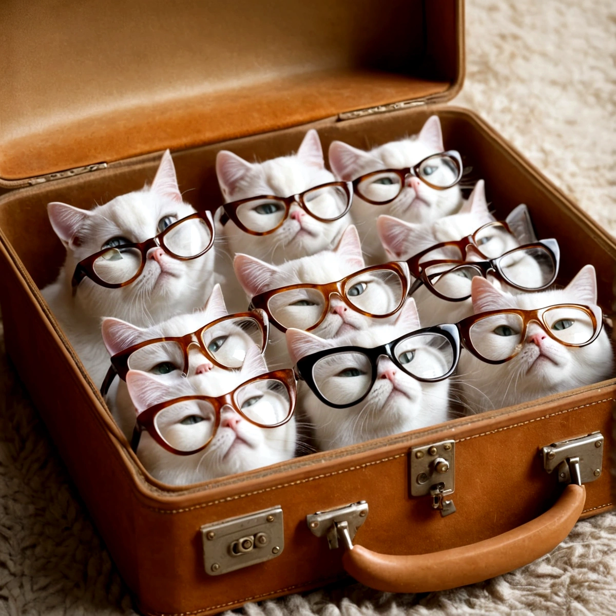 Several white cat-eye glasses in an open suitcase