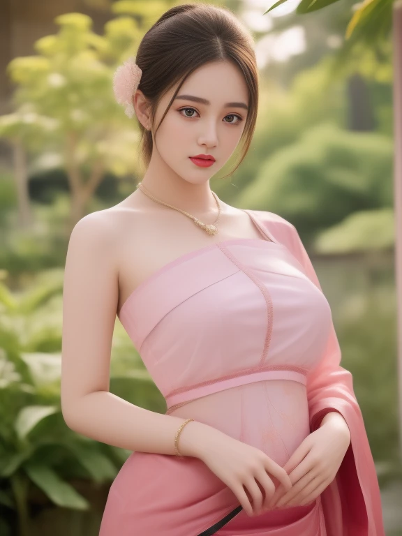 Aarav woman in a golden dress stands in front of a building., Sukhothai dress, Dilraba Dilmurat, traditional beauty, Wear elegant clothes, traditional this tradition, Wear luxurious clothes, this tradition, Traditional clothing, Thai girl anime, traditional outfit, According to Thawan Duchanee's style, Wear a luxurious silk dress, Thai art, Traditional clothing สาวเอเชียที่สวยงาม,stereoscopic 8k,45 high quality colored lights,000,000,000 pixels, photo, post-trade photo, animation, Beautiful, realistic portraits.