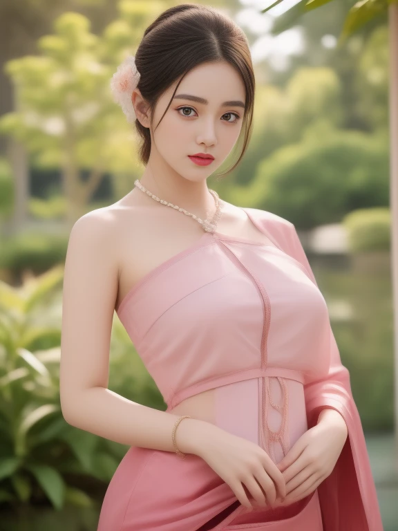 Aarav woman in a golden dress stands in front of a building., Sukhothai dress, Dilraba Dilmurat, traditional beauty, Wear elegant clothes, traditional this tradition, Wear luxurious clothes, this tradition, Traditional clothing, Thai girl anime, traditional outfit, According to Thawan Duchanee's style, Wear a luxurious silk dress, Thai art, Traditional clothing สาวเอเชียที่สวยงาม,stereoscopic 8k,45 high quality colored lights,000,000,000 pixels, photo, post-trade photo, animation, Beautiful, realistic portraits.
