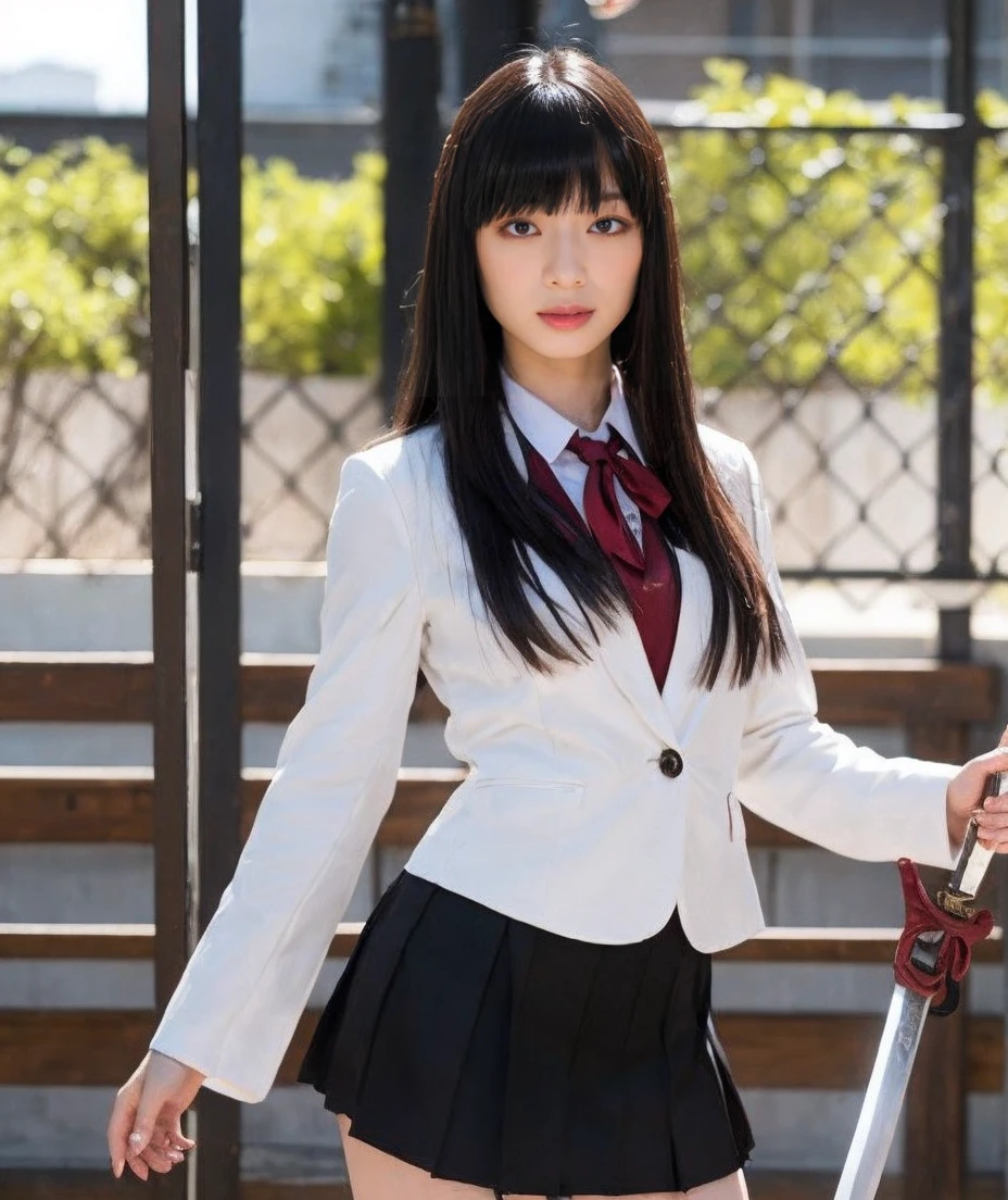 She is a pure Japanese beauty、Cool Beauty、Beautiful face like a model、A perfect face without any stretching、High school girl sailor suit、Blazer top uniform with super mini skirt underneath、delicate, masterpiece, beautiful detailed, finely detailed, intricate details, (realistic:1.2), (flattering light:1.2), (film noise:1.4), (full body), (girl examining artifact), (relic on display), One Girl、movie Kill Bill、Go Go Yubari、Actress Chiaki Kuriyama、Cool appearance: Go Go Yubari has a cool, emotionless appearance。Her eyes are sharp、The hair is long and black、The bangs are cut above the eyebrows、The uniform is a blazer.、I'm a 16 year old high school student.。
Go-go ball with a chain attached to an iron ball: Her weapon is a Go-go ball with a chain attached to an iron ball。This is representative of her fighting style.。
Dynamic fighting poses: Go Go Yubari takes dynamic poses during battle。Her actions are powerful。
Kill Bill's boss's henchman: Go Go Yubari appears as a minion to Bill, the boss of Kill Bill.。She fights faithfully following Bill's orders.。
(((Do not carry a Japanese sword))): (((Go Go Yubari does not have a Japanese sword)))。Instead, they fight using a ball on a chain、Go-Go Balls、Ruthless character: She is cold and unemotional。I'm the type of person who will do anything to get the job done.。
He has earned Bill's trust.: Go Go Yubari is trusted by Bill.、I work as his right hand man.。
Combat Professional: She is a Combat Professional、His skill is very high
Spooky atmosphere: Go Go Yubari