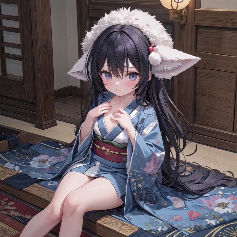 (Fox Girl, Fox Ears, Black colored hair, Fox Makeup, One Girl, Long Hair:1.6), (kimono, Kimono with open chest, A beautiful kimono with red and black patterns, I can see her cleavage, Open chest, Exposed skin:1.8), (Body measurements are 75-60-75!, Young girl body, Small breasts, Small breasts, Emphasize the chest, Knees are slightly visible, Muscular, Abdominal muscles, Hide your own chest with your hands:1.9), Avatar, face, lewd face, Dominant representation, naughty face, Uplifting, Skin Texture, outside, Grassy field