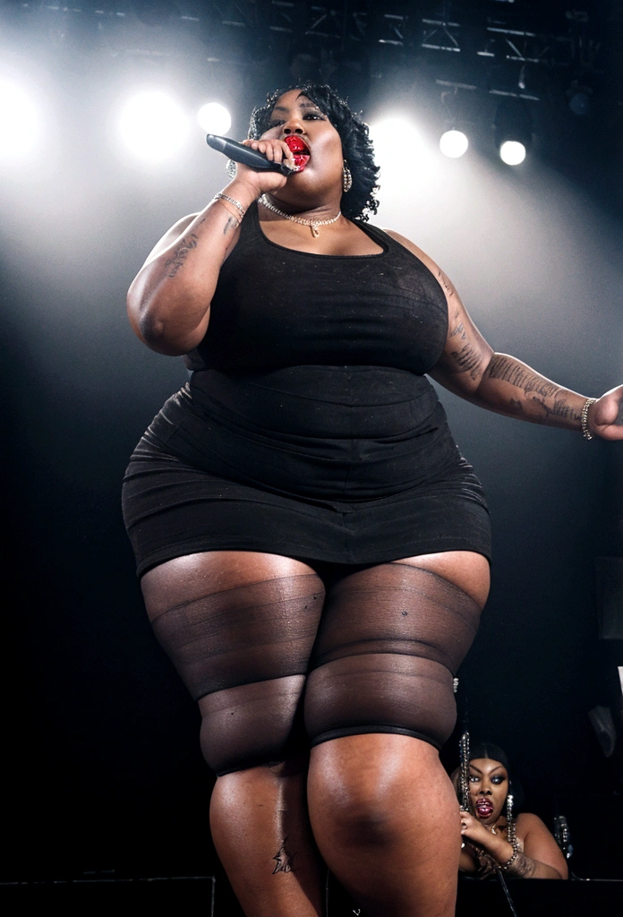 Busty 250 pound obese ((black female rapper on stage with a man Deejay:1.4)). She has (( unreal, oversize, large saggy tits showing massive gross cleavage:1.2)) and holding a (microphone on a stand:1.1). ((she is wearing makeup, dark red lipstick, a cross pendant)), and a ((slutty and revealing red dress:1.2)), ((her mouth is closed:1.1))