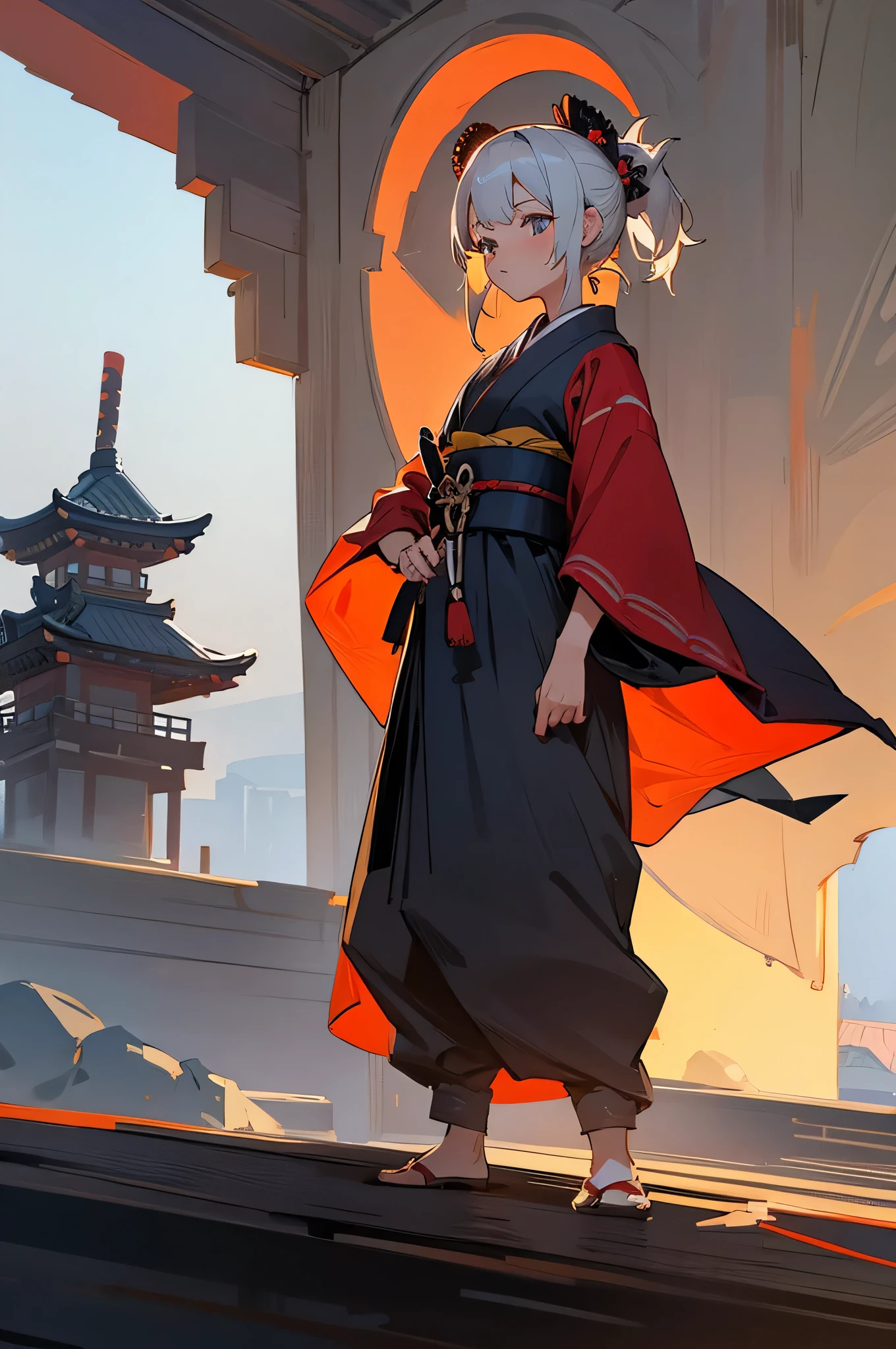Old Women , Female, samurai Clothing, Standing pose, Town background